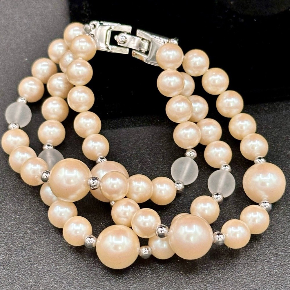 Pearl! Three Strands, Signed, Monet Faux Pearl Triple Row Goldtone Wide Bracelet